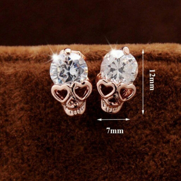 Brand New Rose Gold Tiny Crystal Skull Earrings - Picture 5 of 5