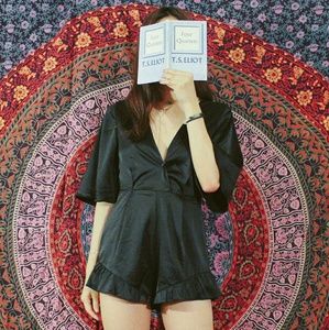 Black Satin Ruffle Sleeved Slip Flowy Romper