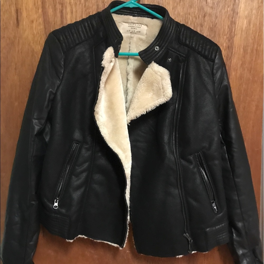 Zara black jacket with white faux fur linning