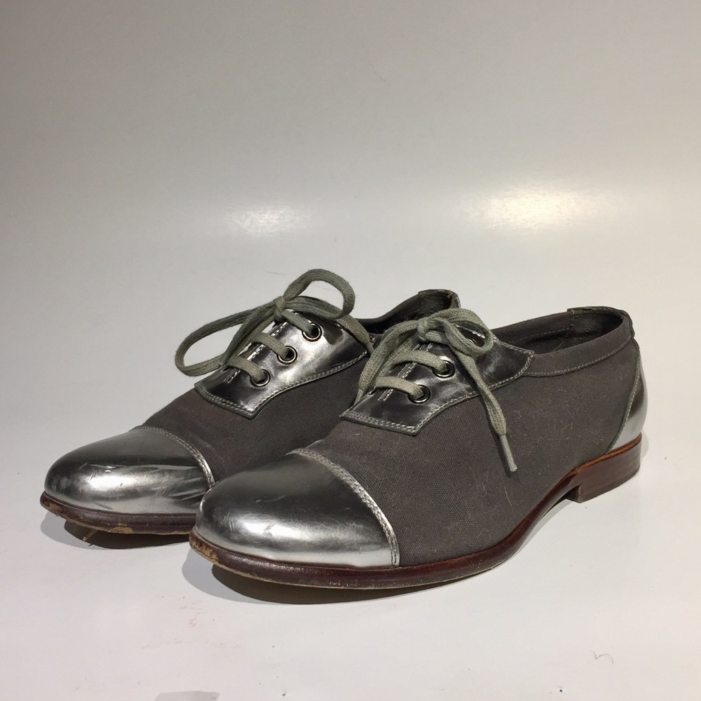 Jill Sander silver leather and grey canvas loafers