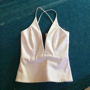 White w/ navy pinstripes deep V top -PRICE FIRM