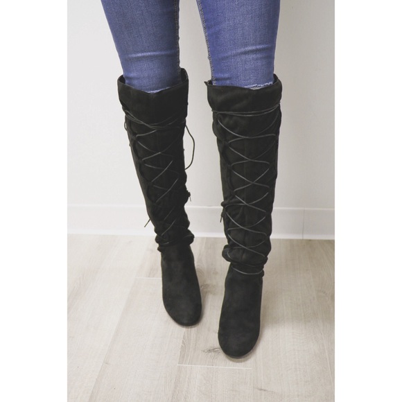 Black Corset Lace Up Front Over The Knee Boots - Picture 2 of 5