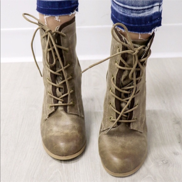 Taupe Lace Up Combat Boots - Picture 2 of 4