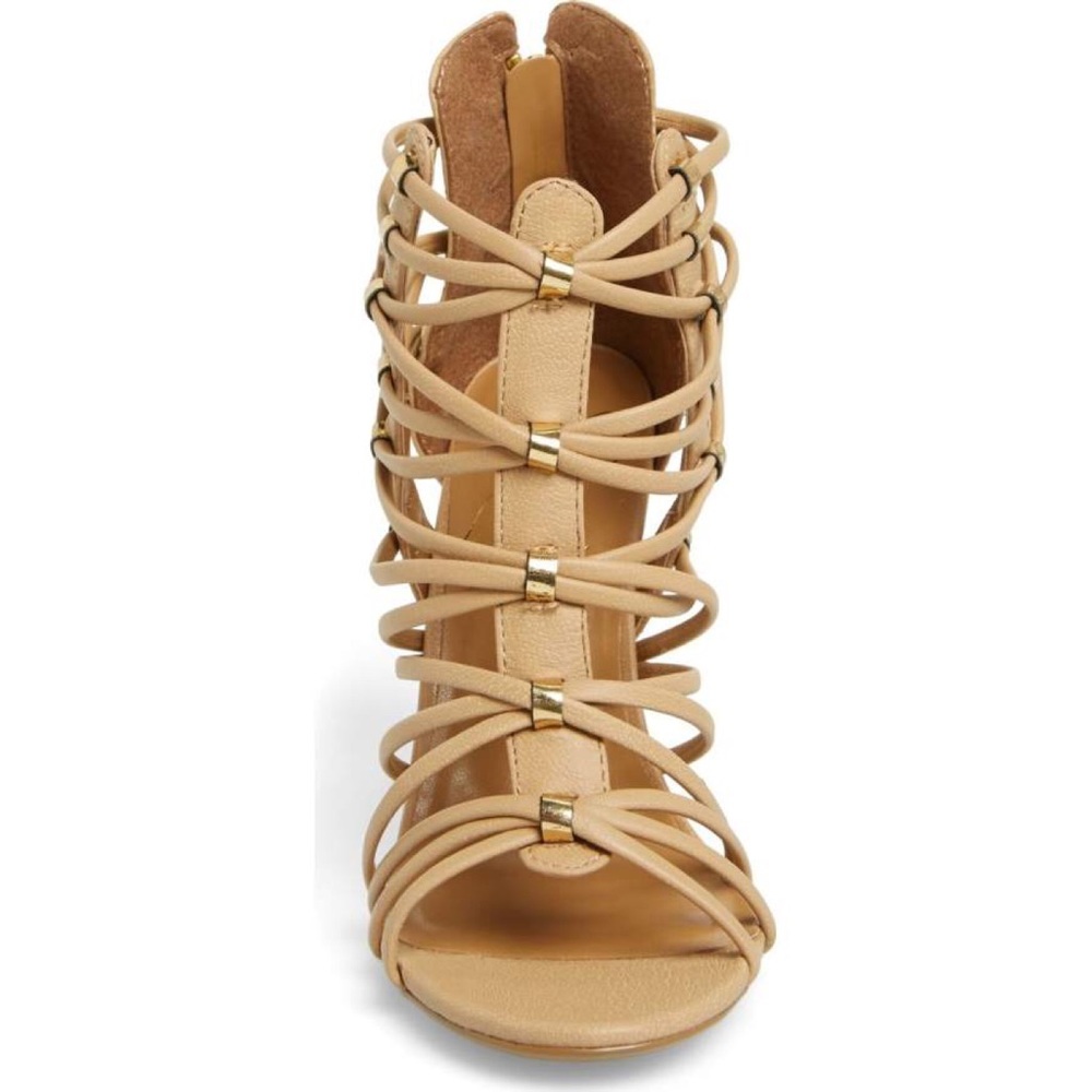 Tan Strappy Caged Studded High Heel Sandals - Picture 6 of 7