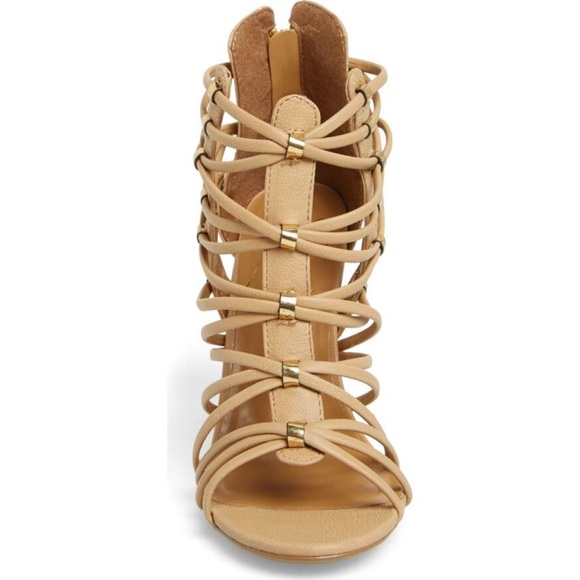 Tan Strappy Caged Studded High Heel Sandals - Picture 6 of 7