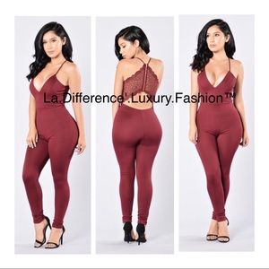 One piece burgundy jumpsuit w/lace