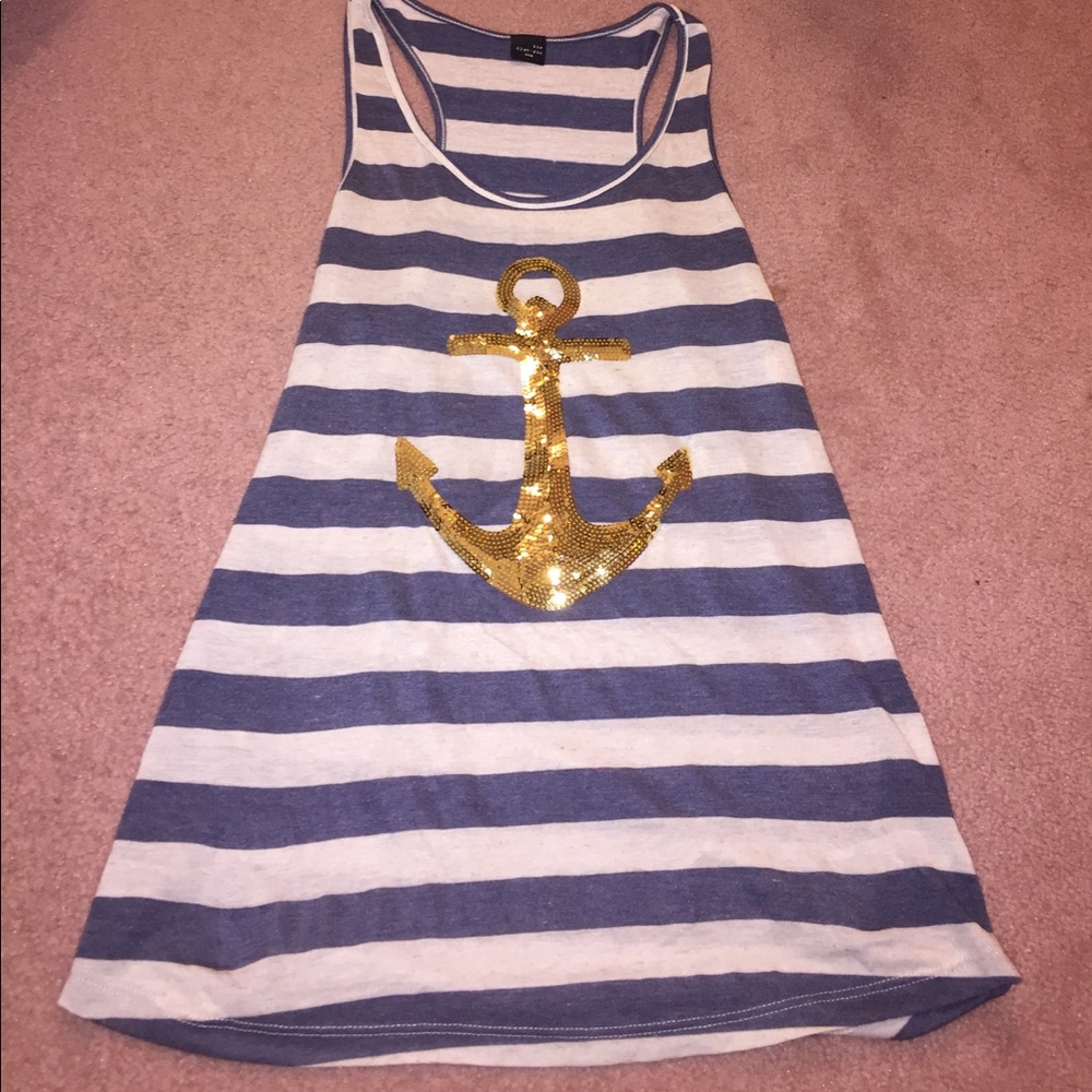 Blue white and gold anchor tank top