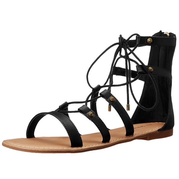 Black Gladiator Lace Up Studded Flat Sandals - Picture 2 of 4