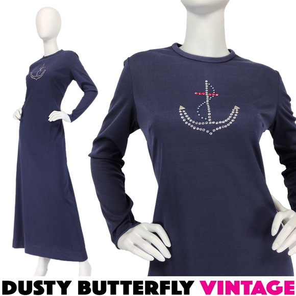SOLD! VINTAGE 70s SAILOR DRESS Maxi MINIMALIST Nav - Picture 1 of 5