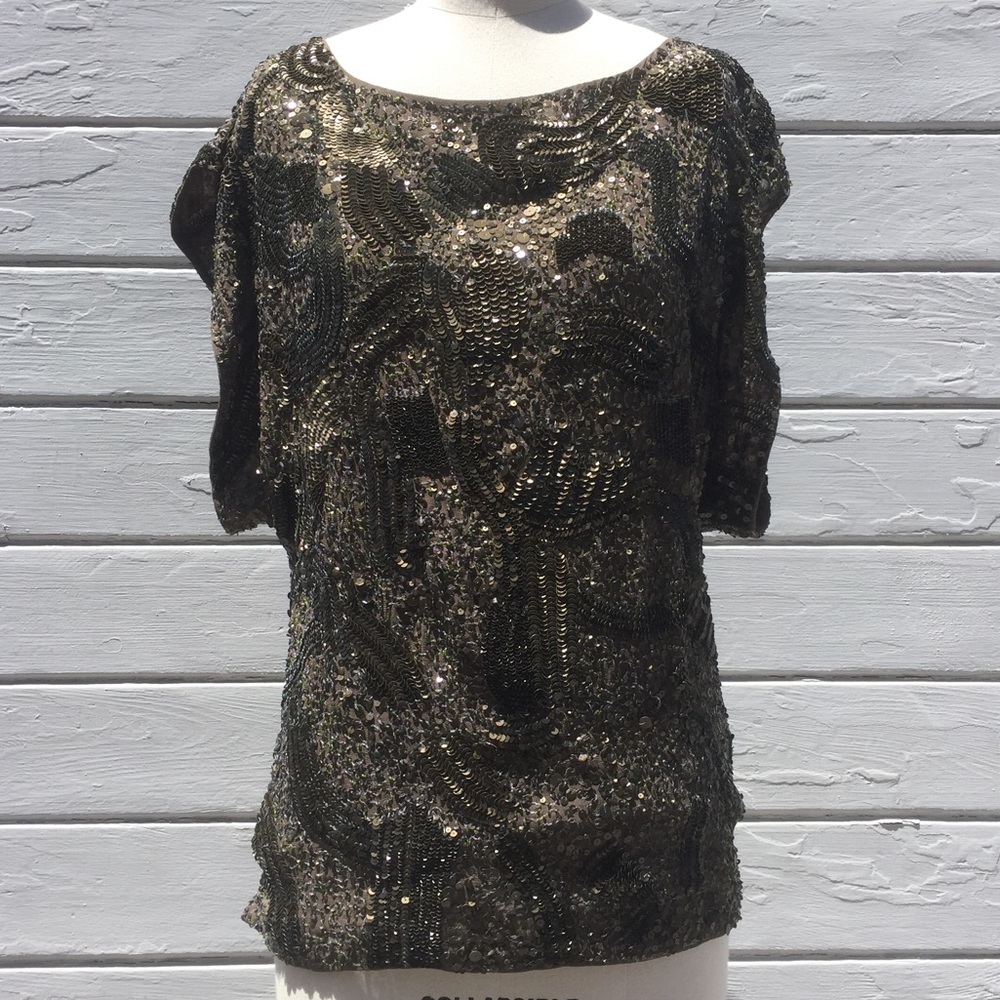 Antik Batik, Dark Olive Green Sequin Tunic, Sz. L