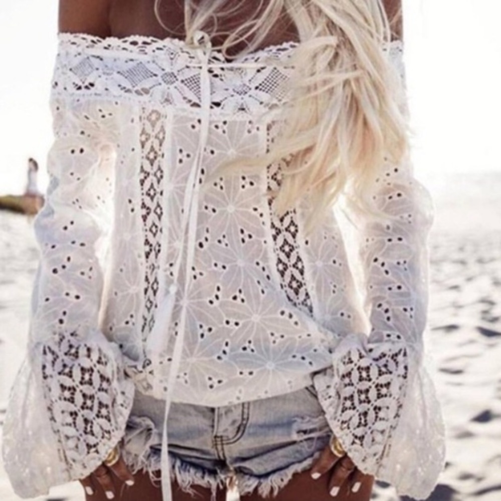 🎉 White Eyelet Off Shoulder Top runs small - Picture 3 of 8