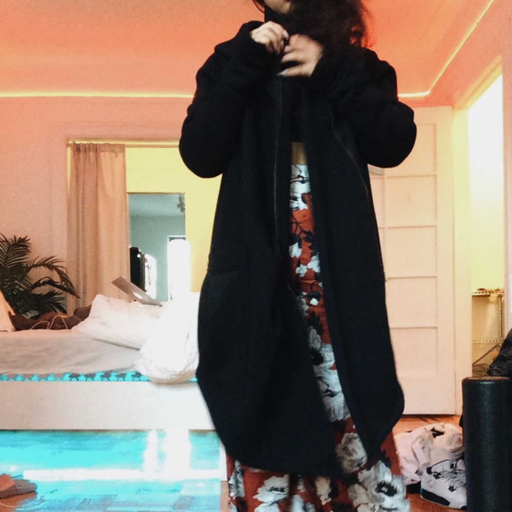 Asymmetrical black neoprene long handmade coat