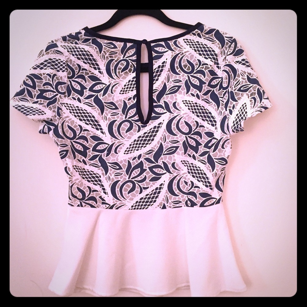 Navy & White Lace Peplum Top