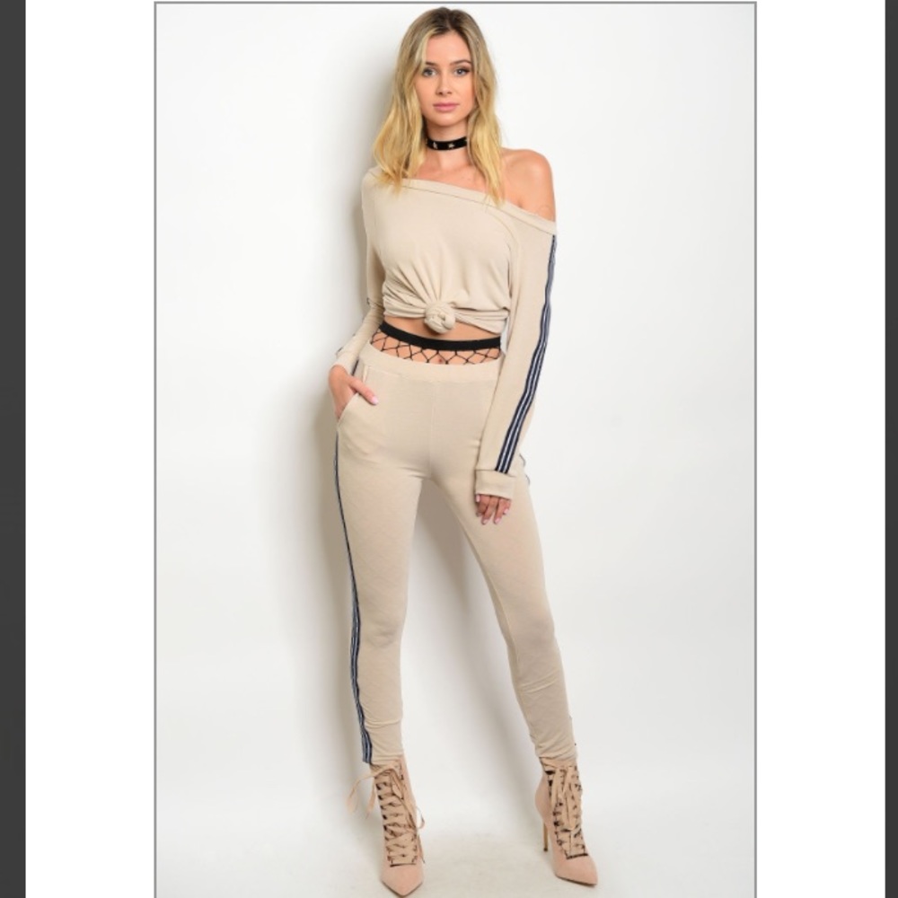 Two-Piece Set - Tan w/Navy Stripes - Picture 2 of 5