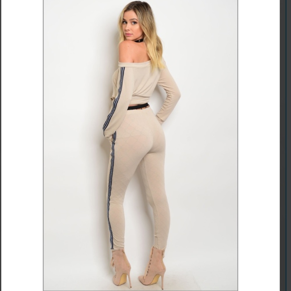 Two-Piece Set - Tan w/Navy Stripes - Picture 3 of 5