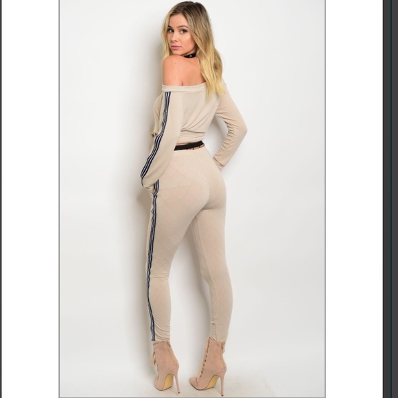 Two-Piece Set - Tan w/Navy Stripes - Picture 3 of 5