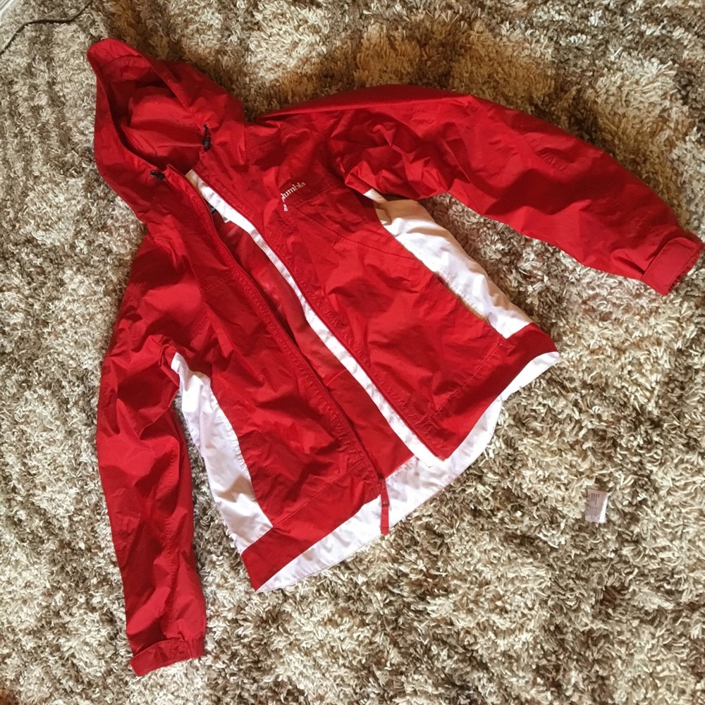 Red Columbia rain jacket