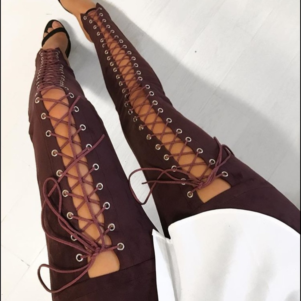 Thigh high suede lacing pants Worn by WeWoreWhat
