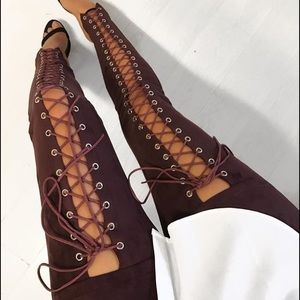 Thigh high suede lacing pants Worn by WeWoreWhat