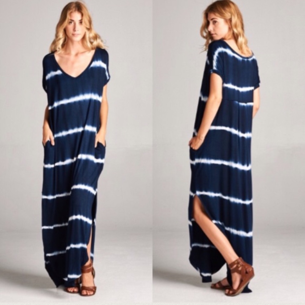 🌸RESTOCK🌸 NAVY TIE DYE Boho Casual Maxi Dress - Picture 2 of 6
