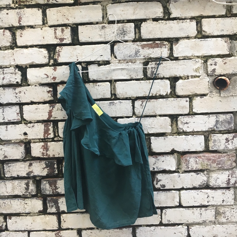 Anthro forest green one shoulder blouse