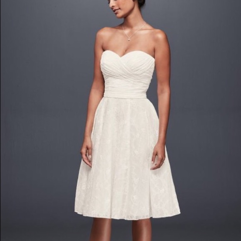 David's Bridal Tea Length Strapless Lace Dress