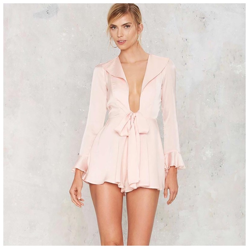 Pink Silky Ruffle Sleeeve Deep V Jumpsuit - Picture 2 of 3
