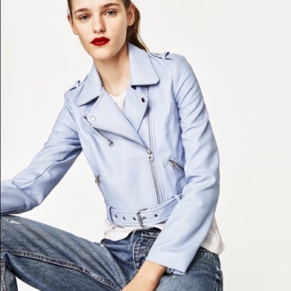 Zara Faux Leather moto jacket in powder blue!