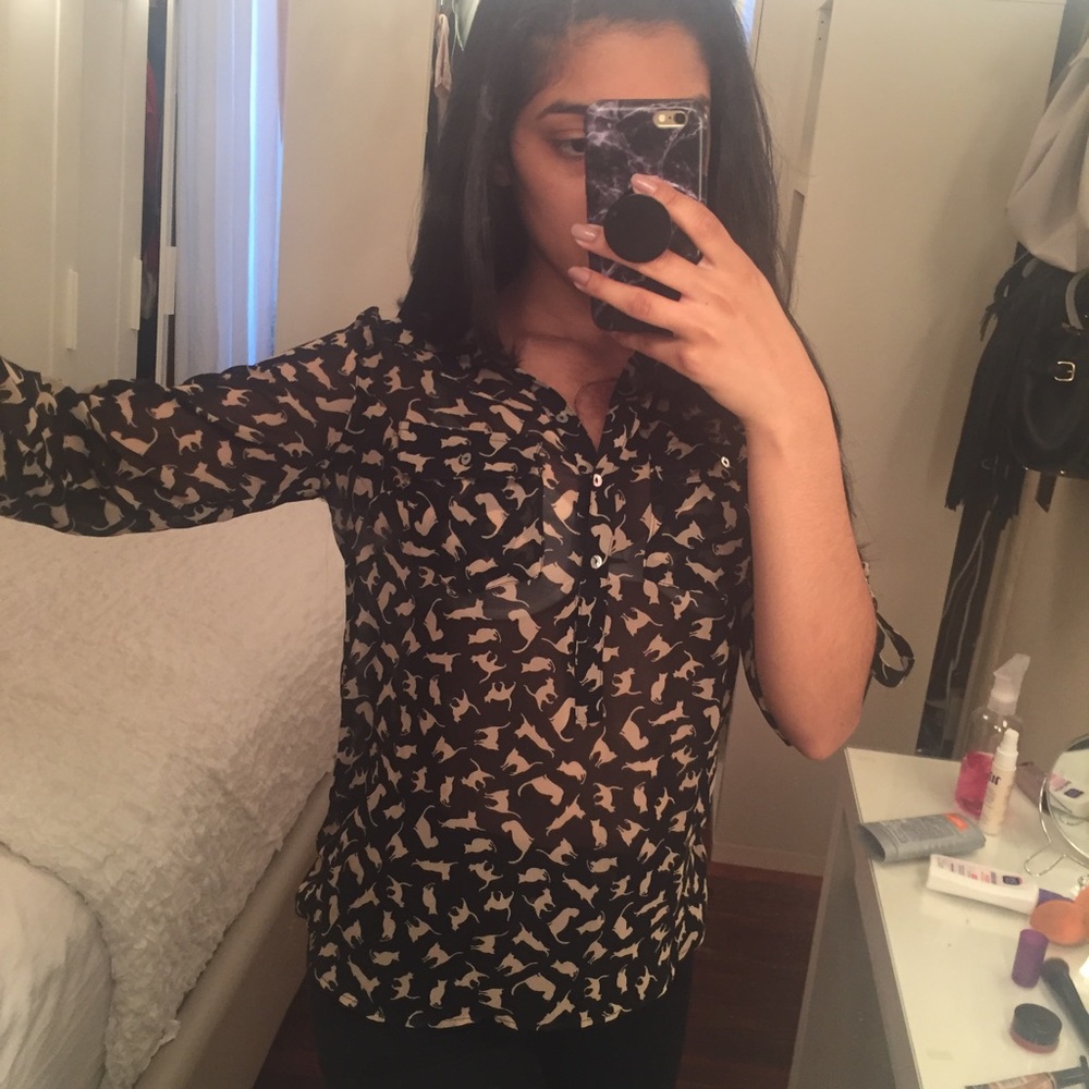 Zara Sheer Cat Print Button up Blouse