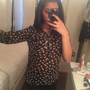Zara Sheer Cat Print Button up Blouse