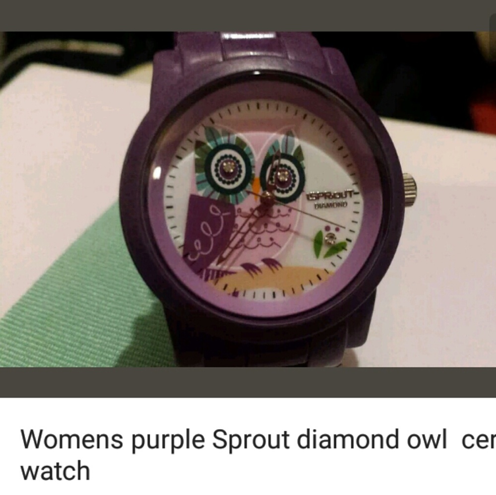 Womens purple sprout diamond owl ceramic watch
