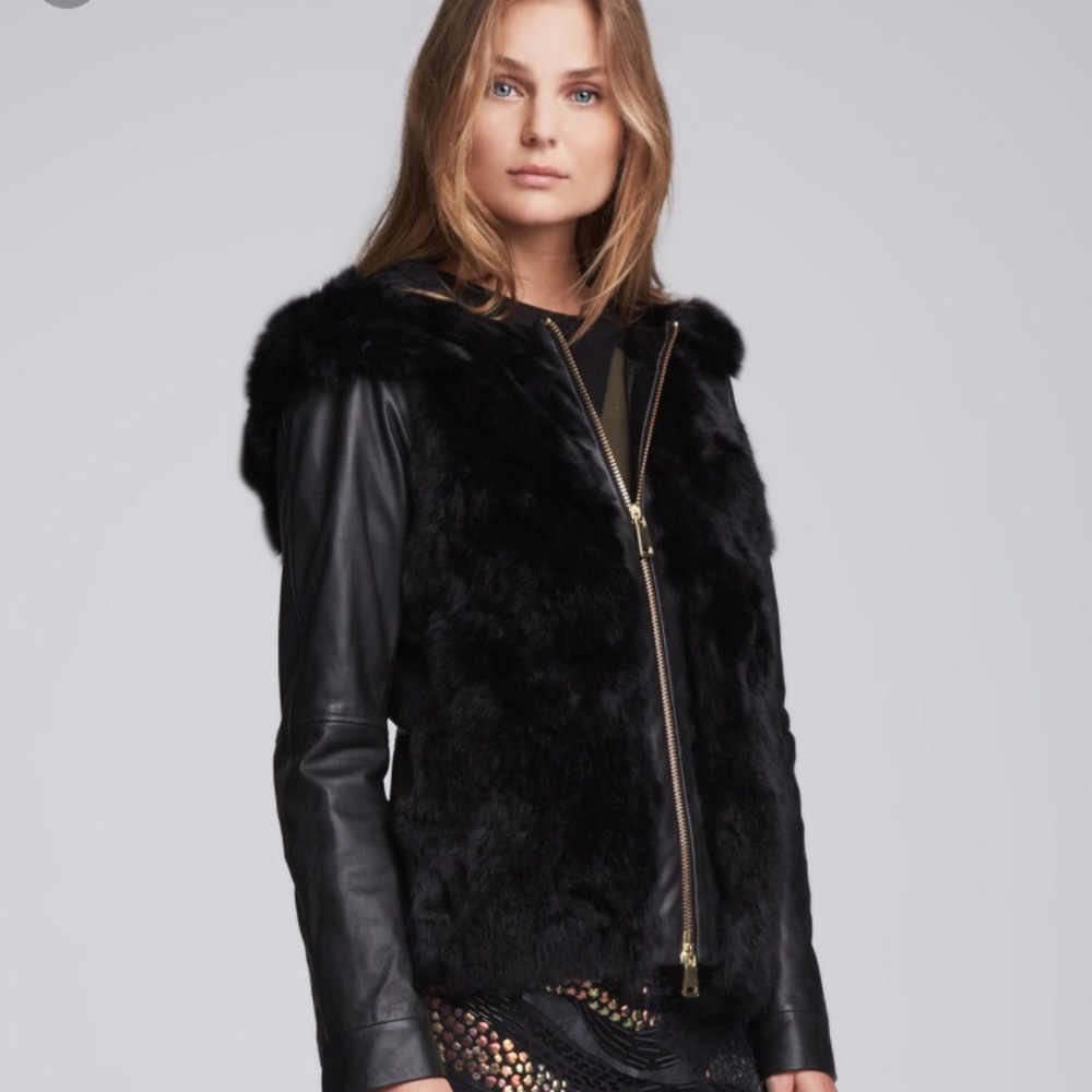 Nanette lepore black fur leather jacket size Xs