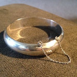 Sterling Silver Bangle Bracelet with Safety Chain