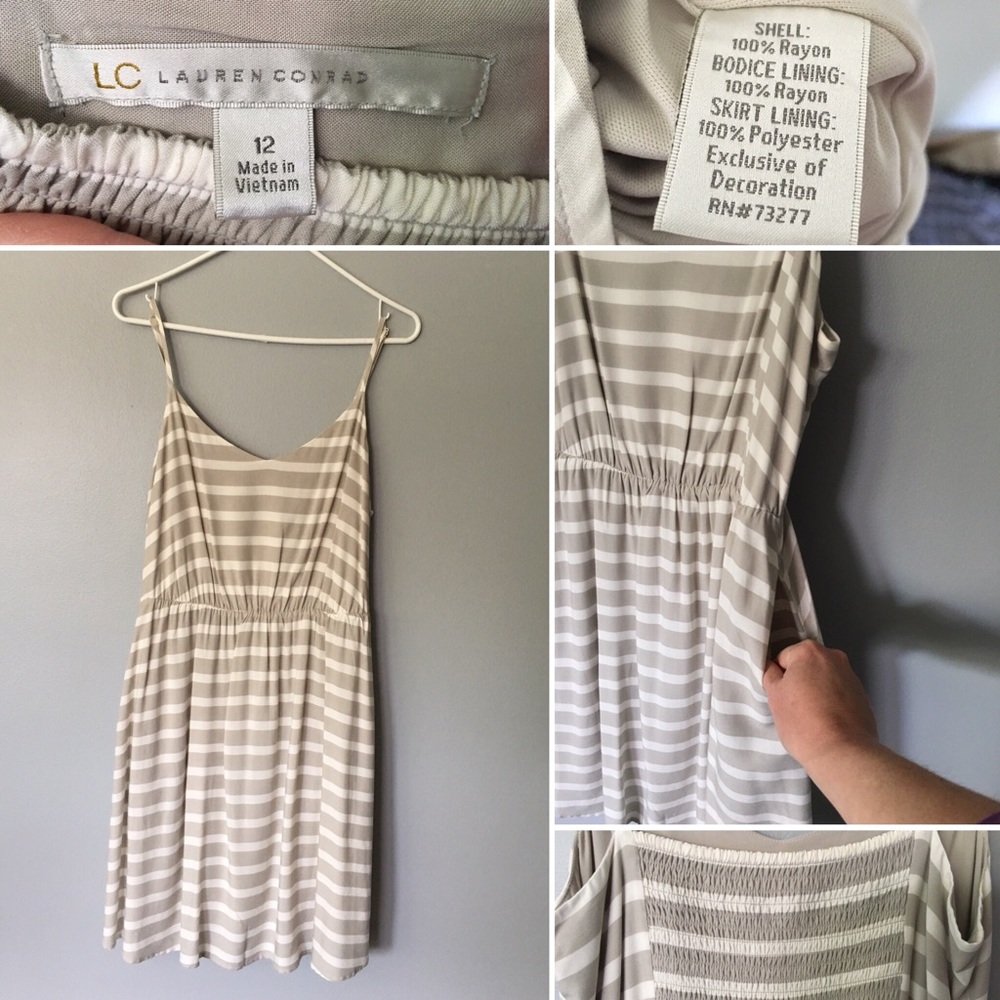 Lauren Conrad, ivory and tan/taupe striped dress.
