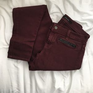 J Brand skinny burgundy jeans with zipper detail
