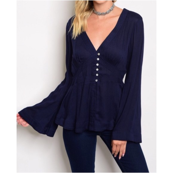 CLEARANCE Navy Bell Sleeve Top Size S - Picture 2 of 8