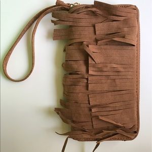 Beige fringed wristlet
