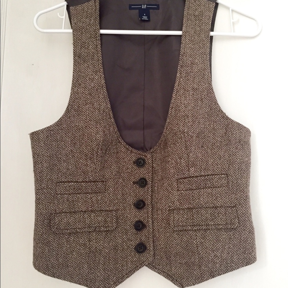 GAP Womens Brown Beige Herringbone Tweed Wool Vest