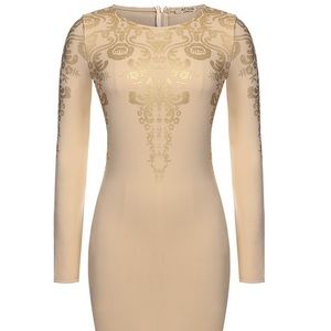 Long Sleeve Gold Foil Print Vintage Cocktail Dress