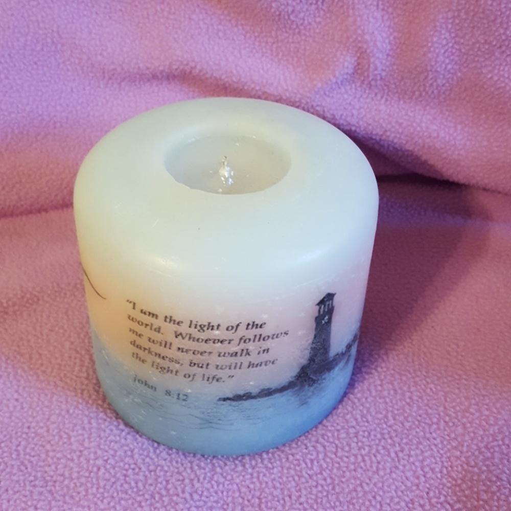 Unscented pillar candle. John 8:12 scripture