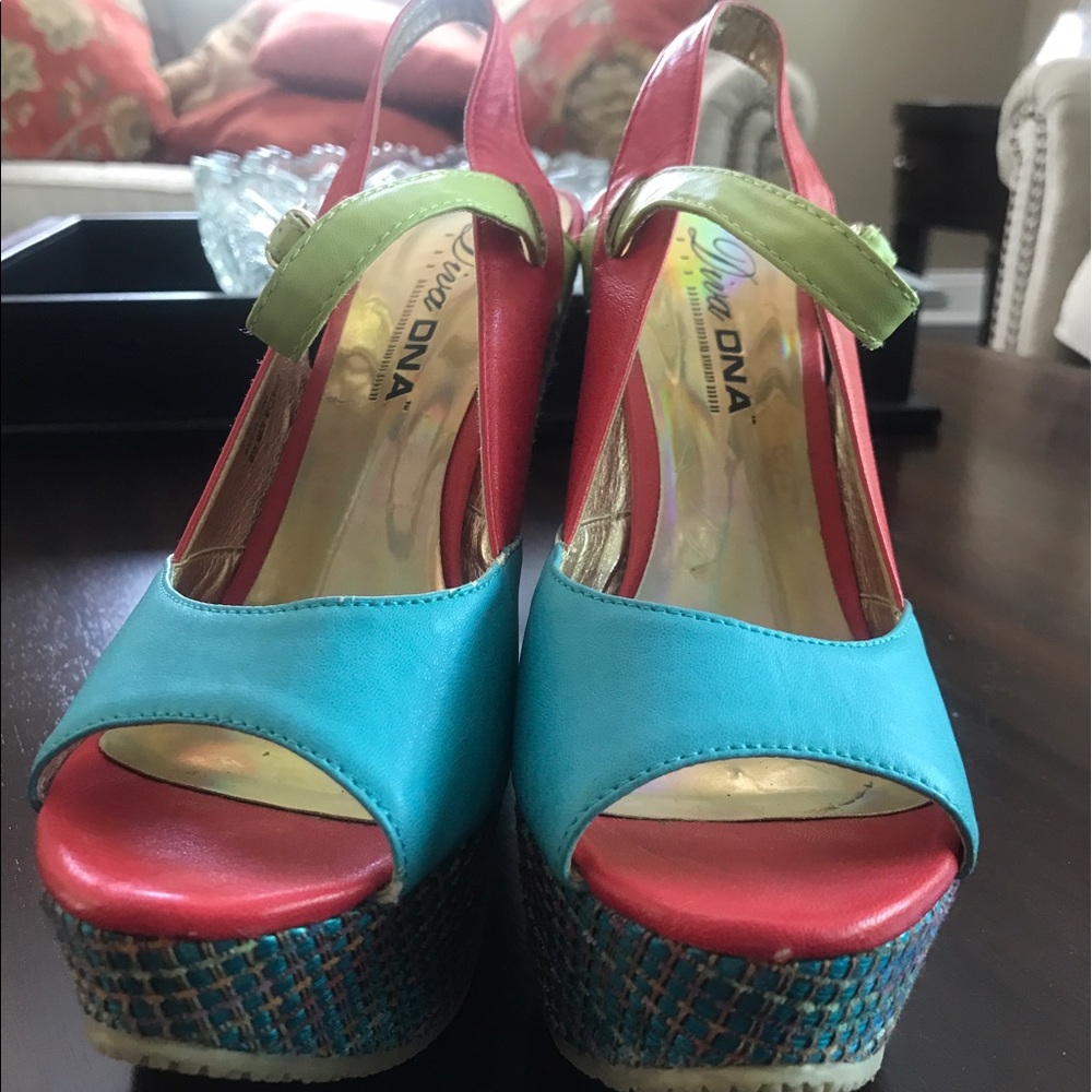 Brightly colored rainbow wedge sandals!
