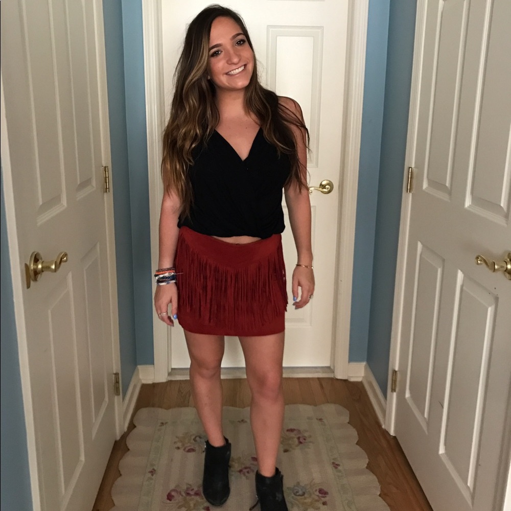 Red suede fringe skirt