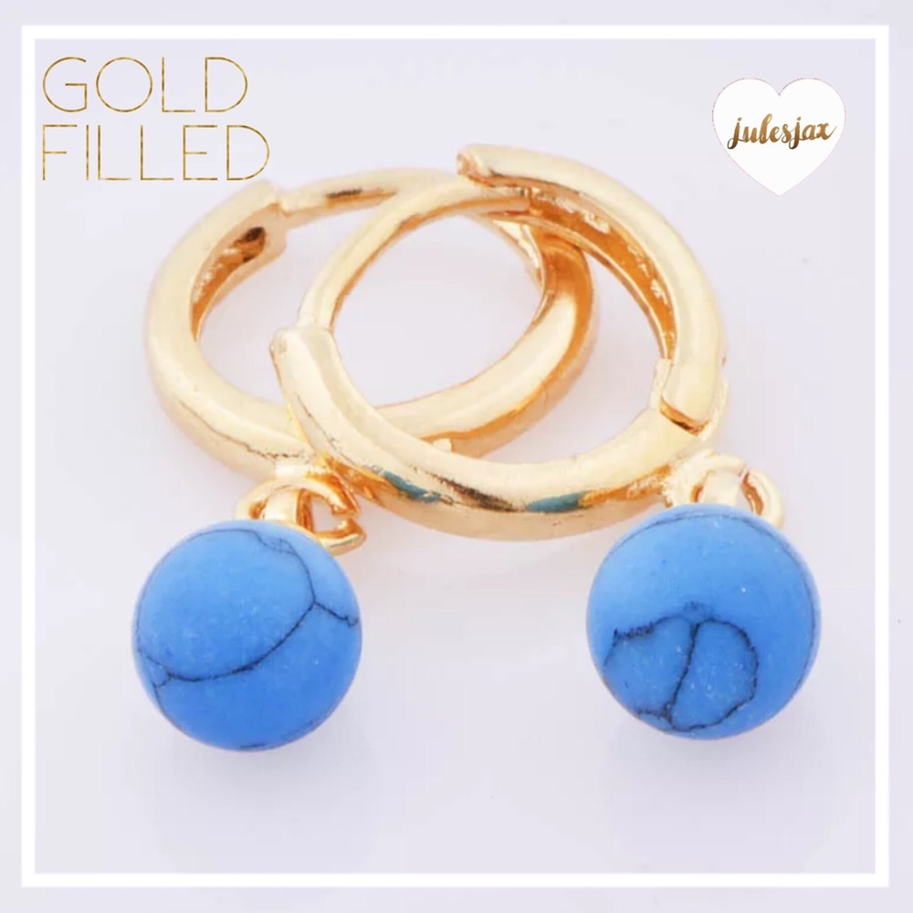 gold filled marbled blue bead earring
