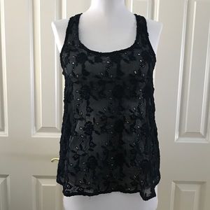 Navy Sheer/Crochet Open Back Tank Top