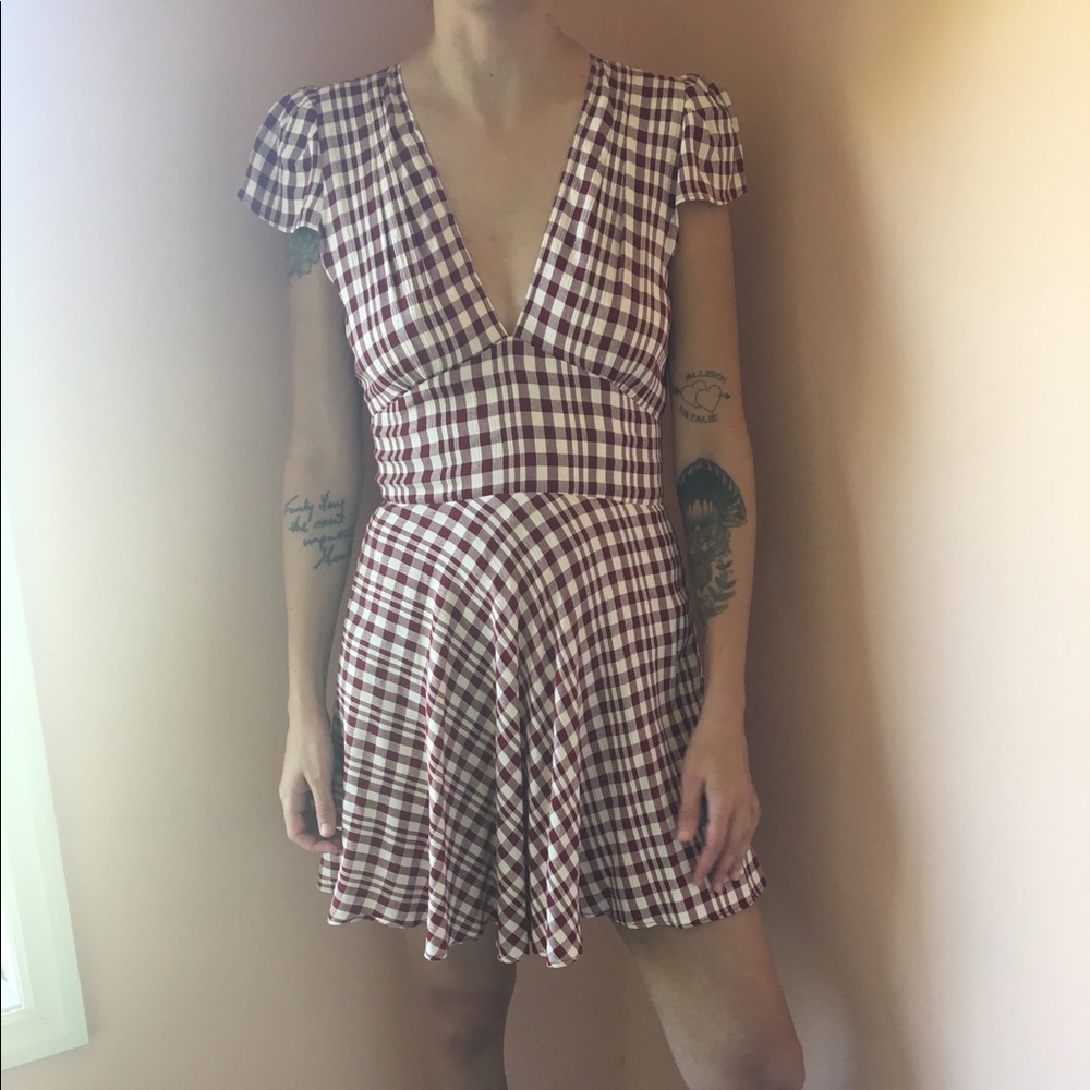 REFORMATION: PLAID WINE RED DRESS EXPOSED BACK