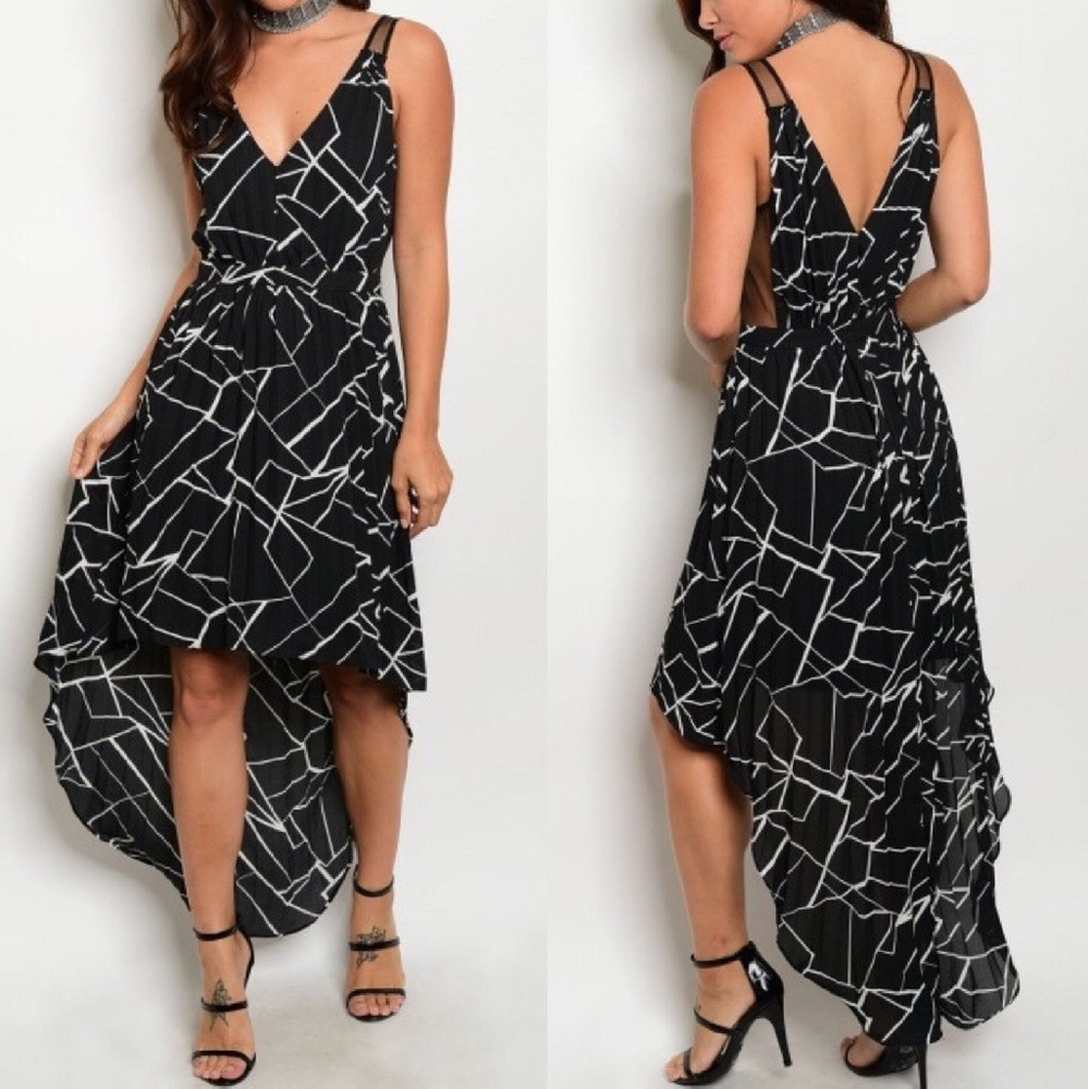 Black and White Print High Low Dress