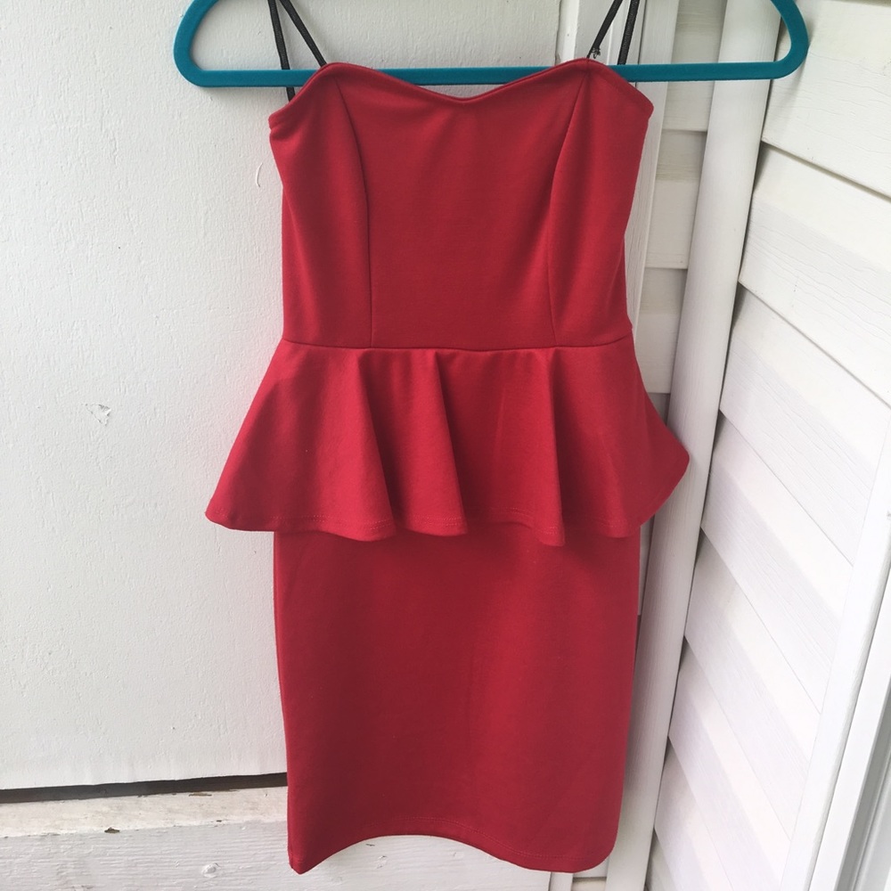 Red Strapless Peplum Dress