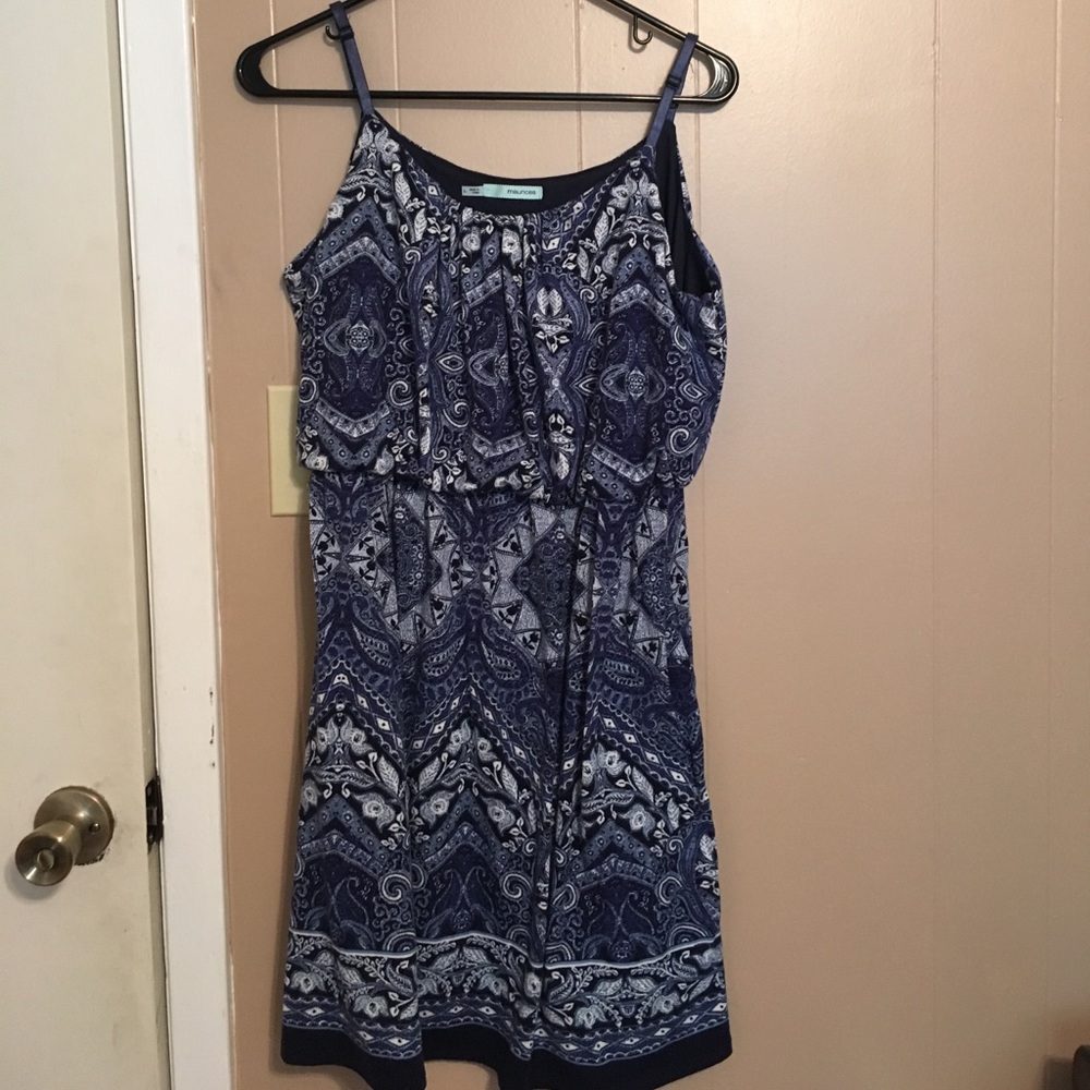 Blue patterned cotton/silk lined knee length dress