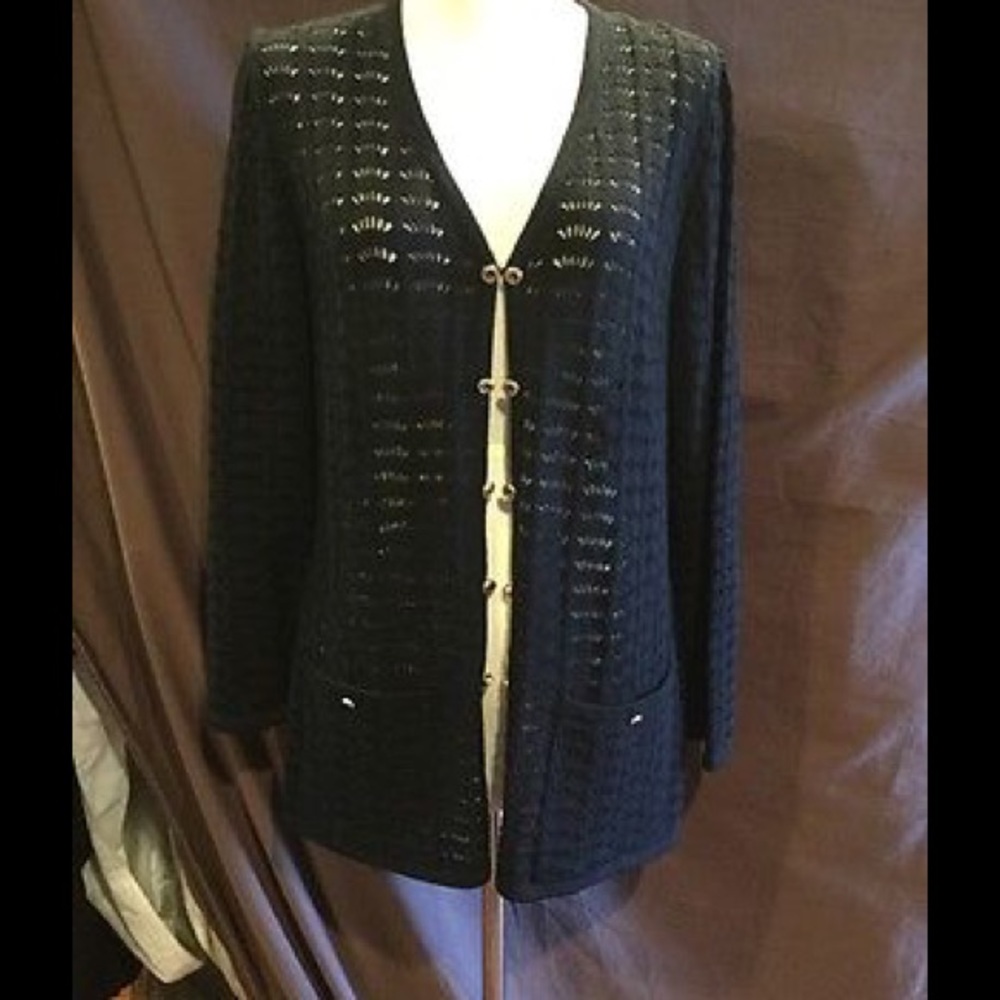 NWOT ST. JOHN BLK KNIT OPEN WEAVE CARDIGAN SZ 2