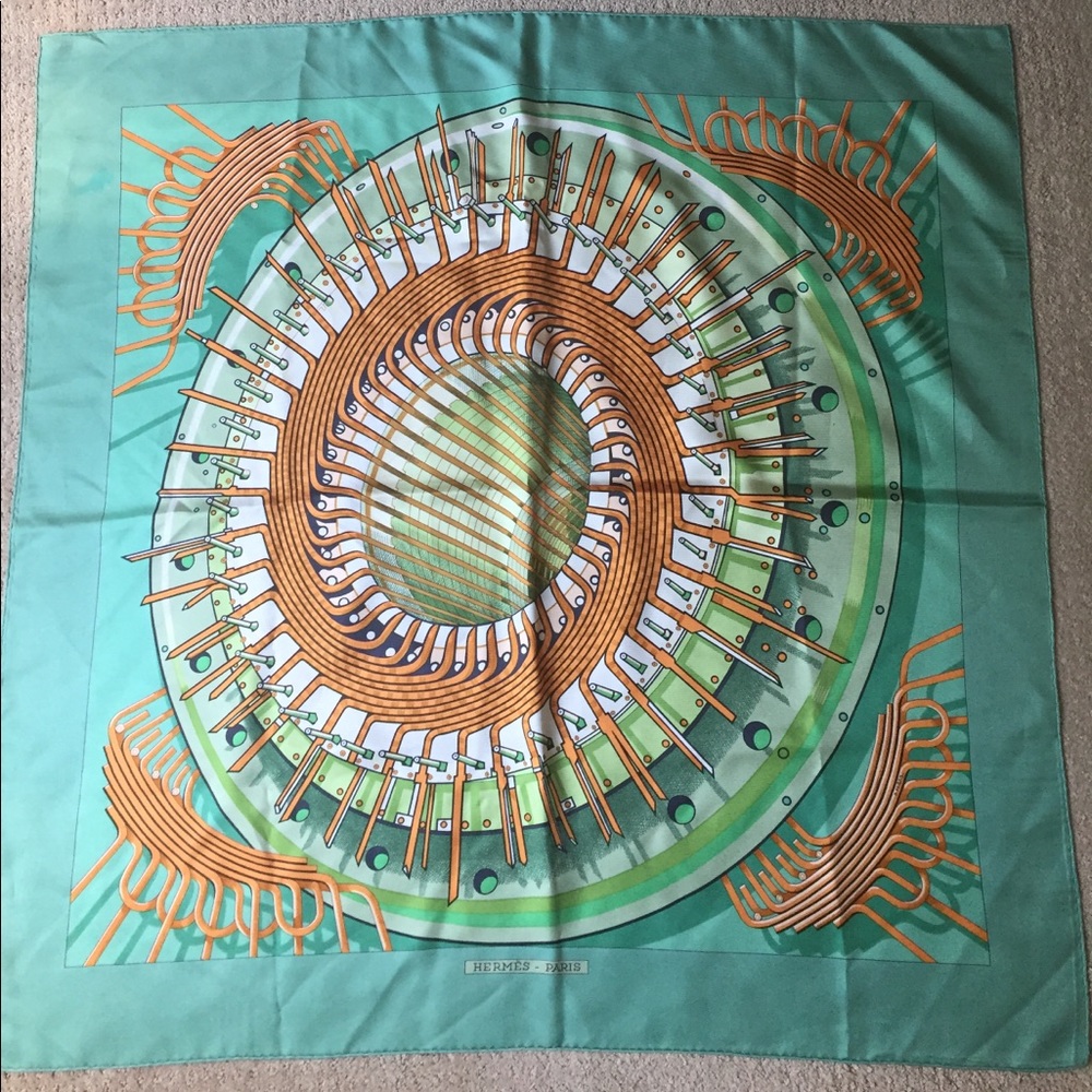 Hermes Green & Orange "Alternateur," Silk scarf.